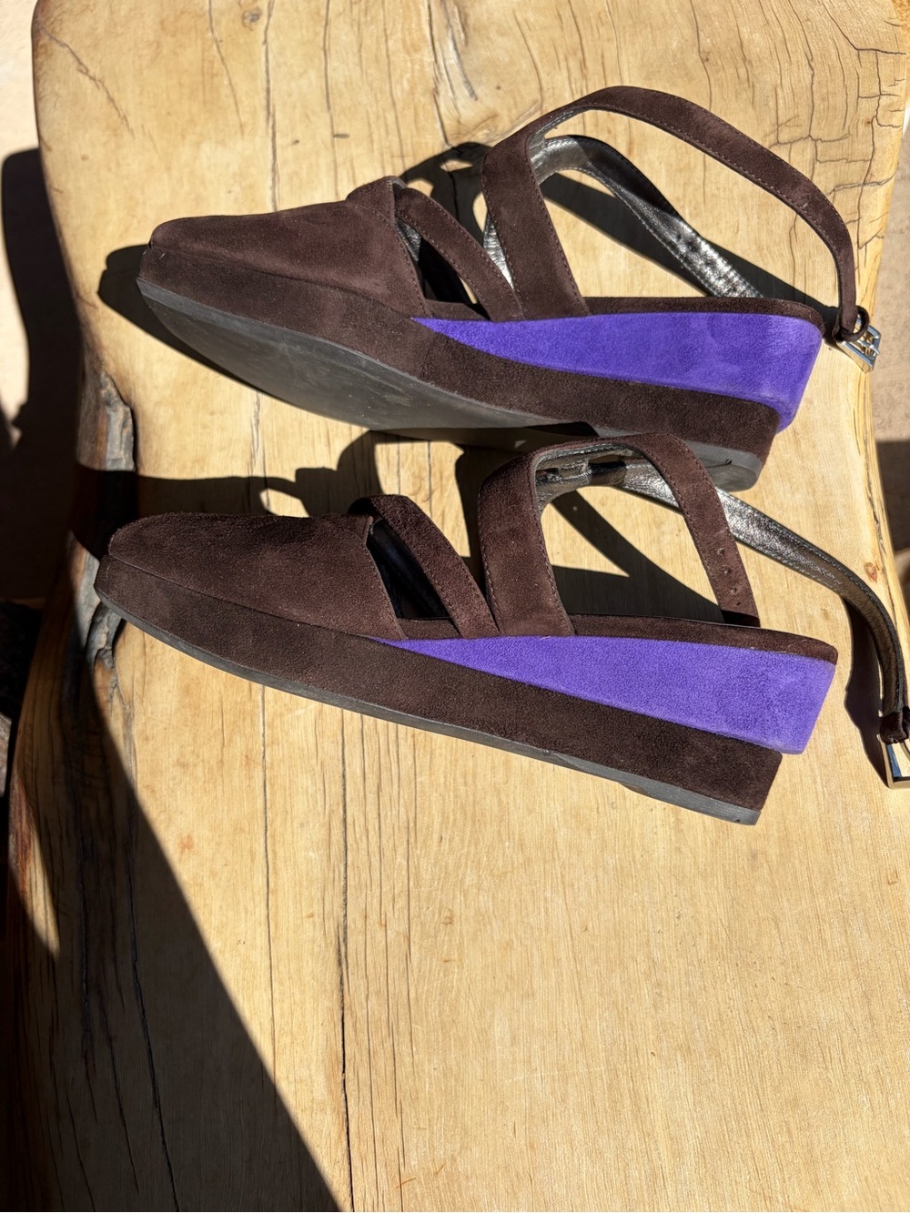 Vintage Prada Brown & Purple Suede Strappy Wedge Sandals — 37.5 / US 7.5 - Picture 7 of 9